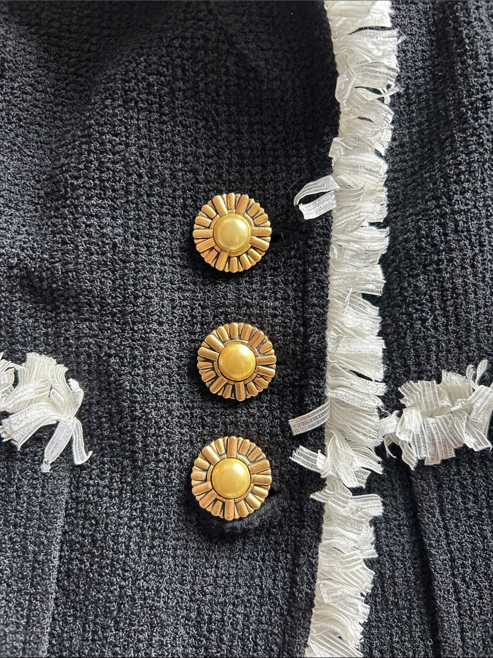 St. John Black Knit Blazer with White Fringe and Gold Buttons - Picture 5 of 8